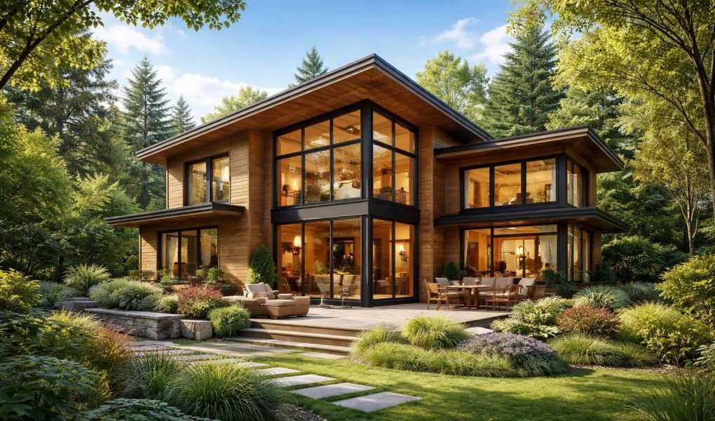 maison-moderne-bois-verdure-ciel-bleu