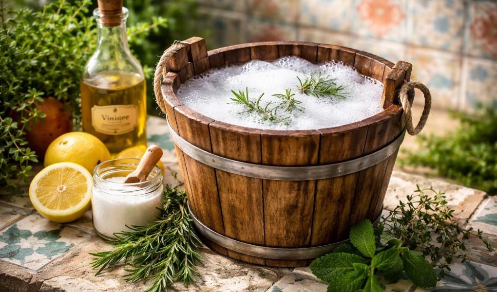 seau-bois-eau-savon-plantes-aromatiques
