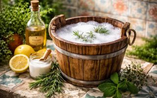 seau-bois-eau-savon-plantes-aromatiques