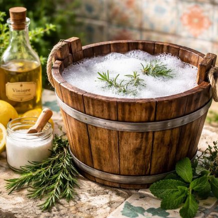 seau-bois-eau-savon-plantes-aromatiques