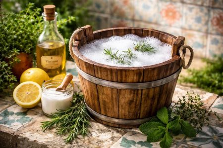 seau-bois-eau-savon-plantes-aromatiques