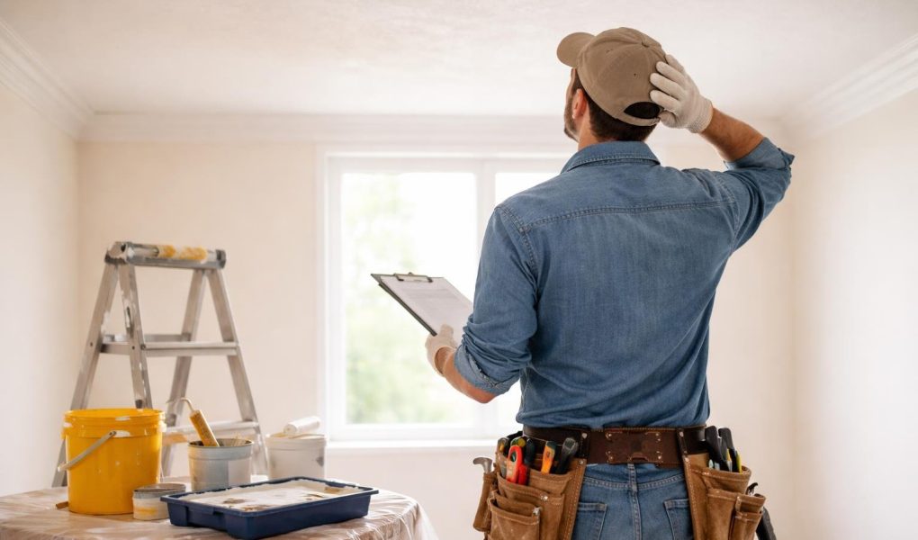 personne-bricolage-examine-plafond-outils-peinture