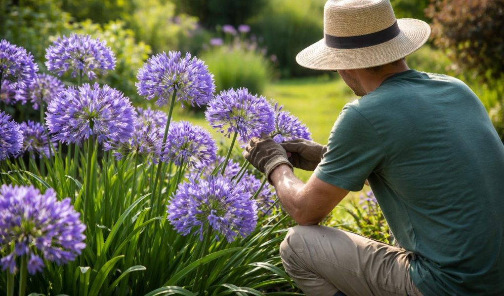 jardinier-agapanthes-fleurs-violettes-jardin-ensoleille