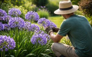 jardinier-agapanthes-fleurs-violettes-jardin-ensoleille