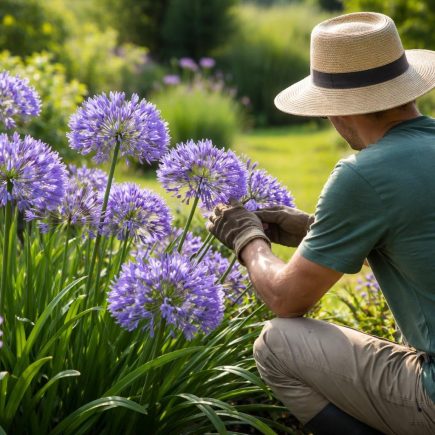 jardinier-agapanthes-fleurs-violettes-jardin-ensoleille