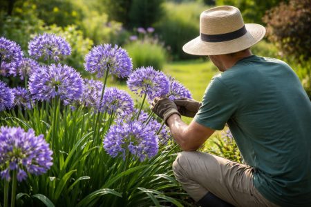 jardinier-agapanthes-fleurs-violettes-jardin-ensoleille