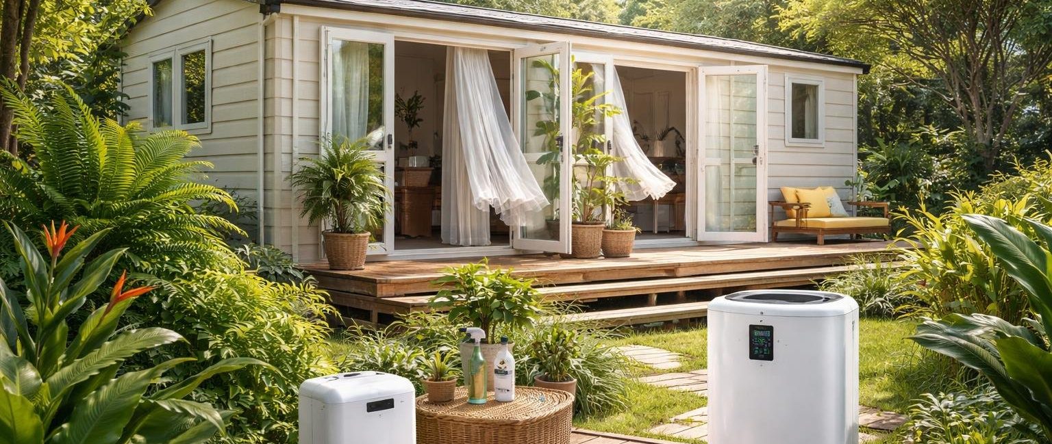 mobil-home-paysage-verdoyant-plantes-luxuriantes