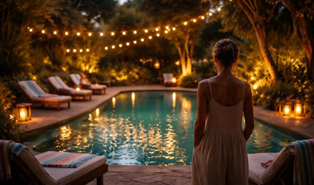 piscine-crepuscule-verdure-chaises-personne-dos