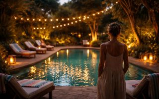 piscine-crepuscule-verdure-chaises-personne-dos
