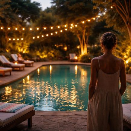 piscine-crepuscule-verdure-chaises-personne-dos