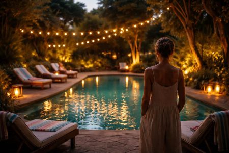 piscine-crepuscule-verdure-chaises-personne-dos